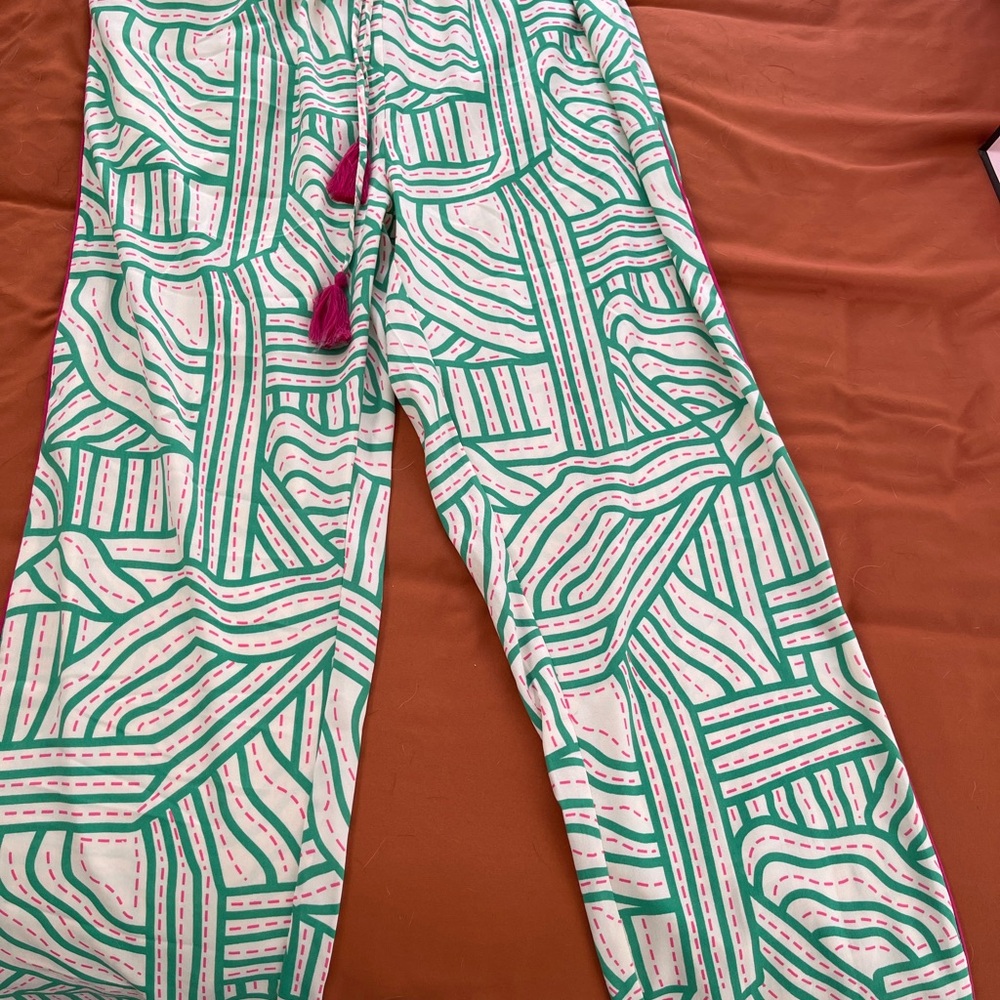 Cost Plus World Market Green and Cream Pants with Pink Accents